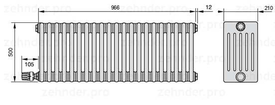Схема (чертеж) Радиатор Zehnder Charleston 6050/21 №V003 Белый глянцевый RAL 9016